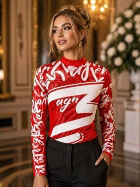 Magnlens Monogram Print Tissue Fabric Active Top Red/White (S)